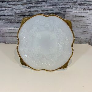 Milk Glass 8” Handled Bowl Gold Trim Grape Vine Cluster Pattern